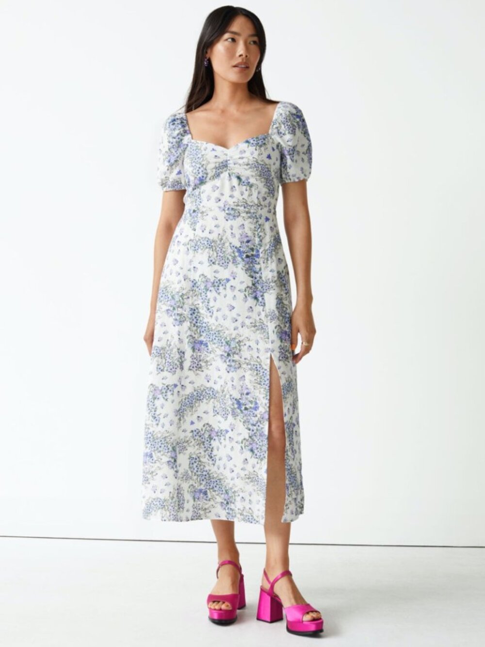 & Other Stories Linen Puff Sleeve Smocked Midi Dress | Blue Floral | Size US 8 - Picture 1 of 6
